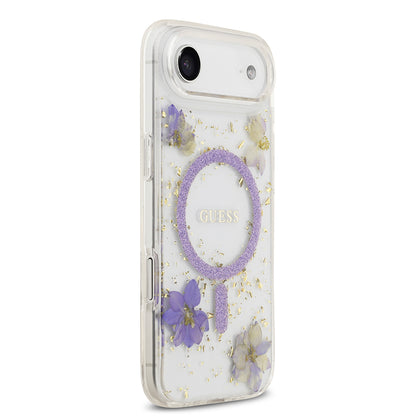 iPhone 17 Air Kılıf Guess Orjinal Lisanslı M-safe Şarj Özellikli Transparan Resin Flowers Kapak