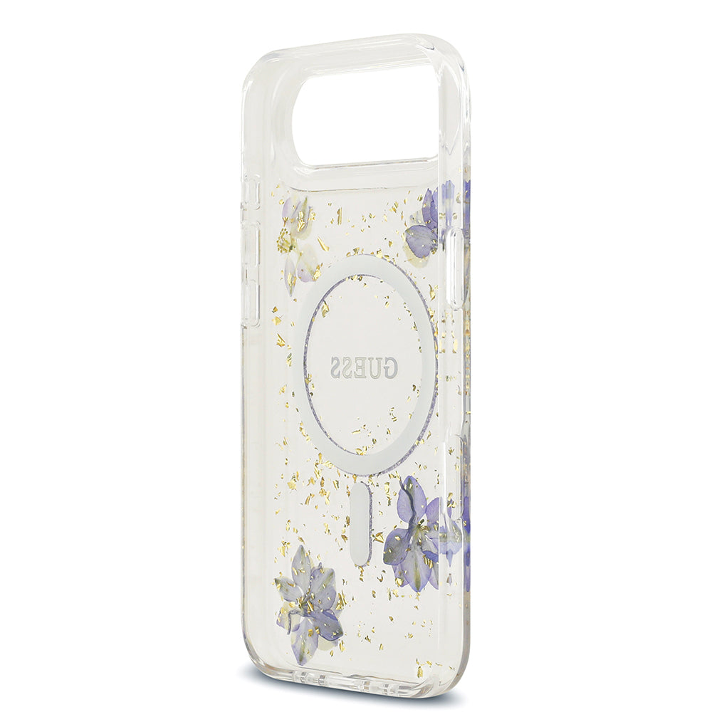 iPhone 17 Air Kılıf Guess Orjinal Lisanslı M-safe Şarj Özellikli Transparan Resin Flowers Kapak