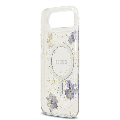 iPhone 17 Air Kılıf Guess Orjinal Lisanslı M-safe Şarj Özellikli Transparan Resin Flowers Kapak