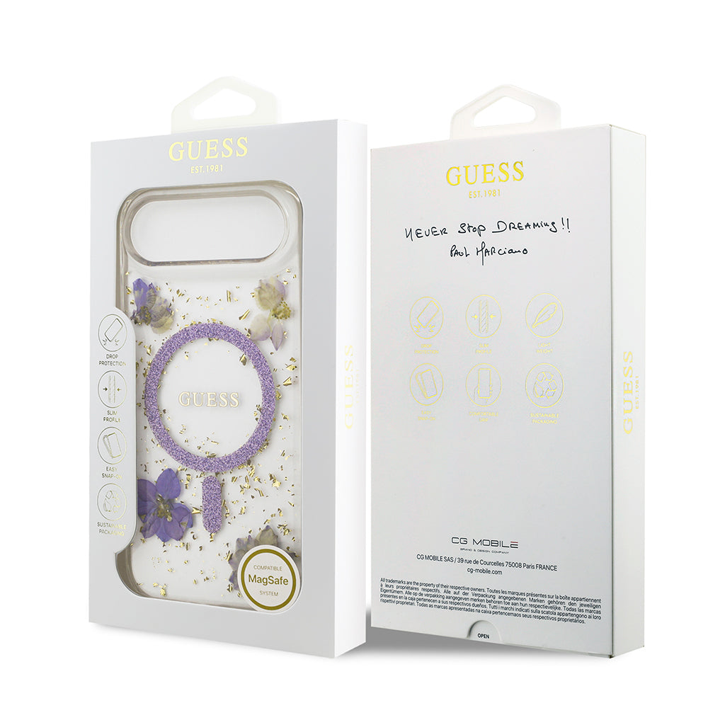 iPhone 17 Air Kılıf Guess Orjinal Lisanslı M-safe Şarj Özellikli Transparan Resin Flowers Kapak