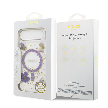 iPhone 17 Air Kılıf Guess Orjinal Lisanslı M-safe Şarj Özellikli Transparan Resin Flowers Kapak