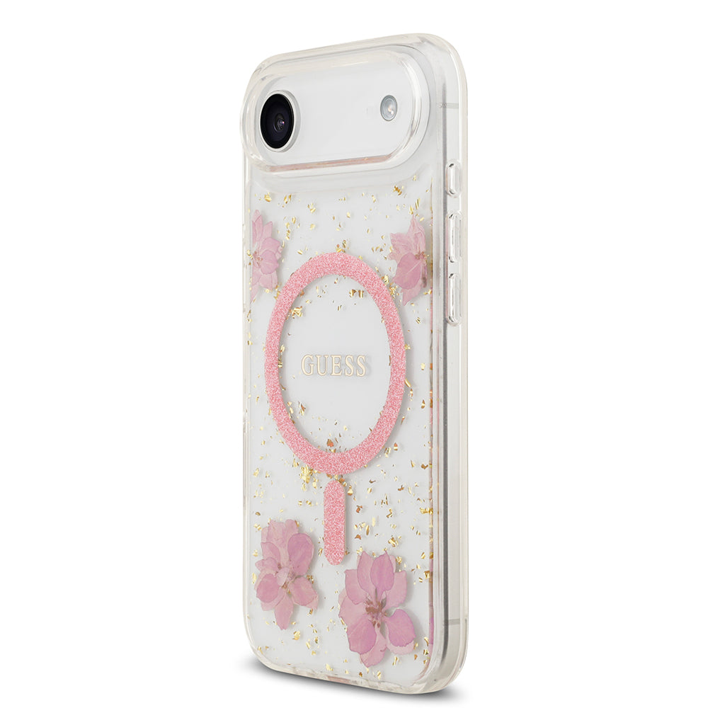 iPhone 17 Air Kılıf Guess Orjinal Lisanslı M-safe Şarj Özellikli Transparan Resin Flowers Kapak