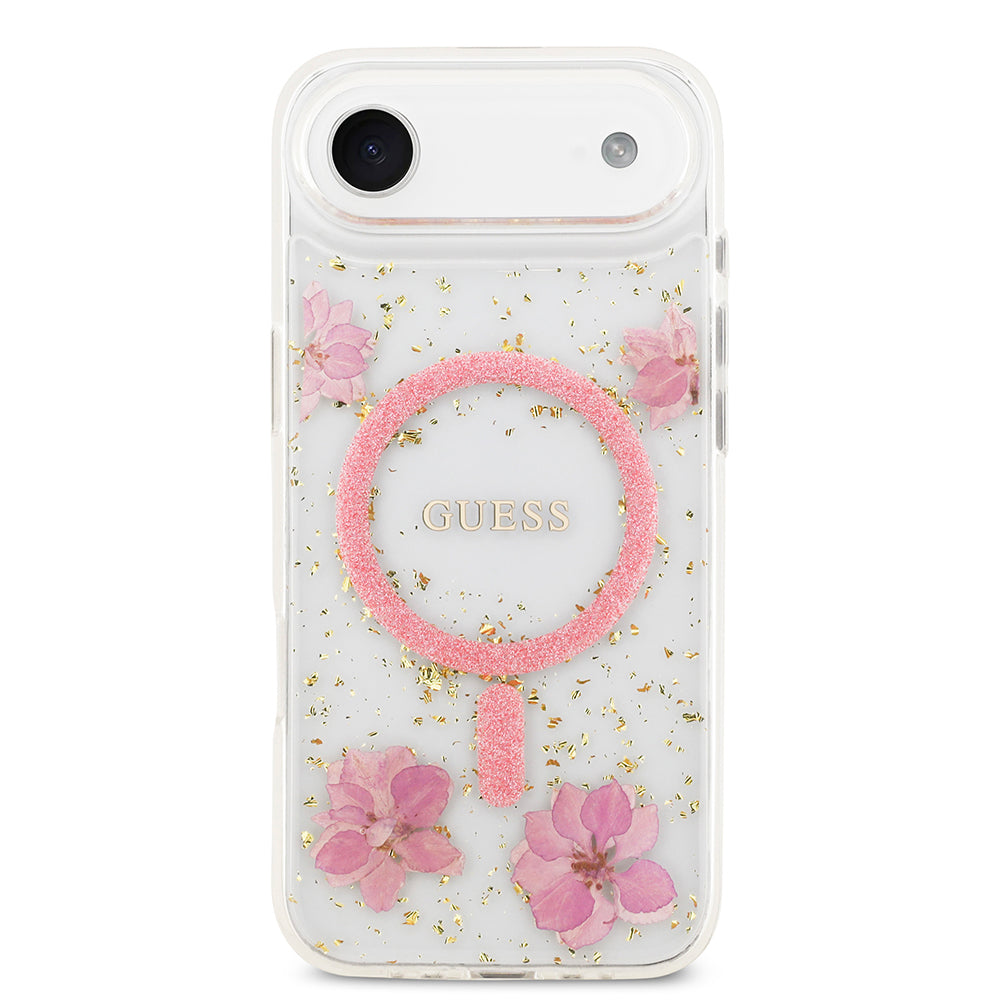 iPhone 17 Air Kılıf Guess Orjinal Lisanslı M-safe Şarj Özellikli Transparan Resin Flowers Kapak