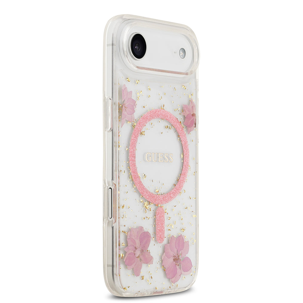 iPhone 17 Air Kılıf Guess Orjinal Lisanslı M-safe Şarj Özellikli Transparan Resin Flowers Kapak
