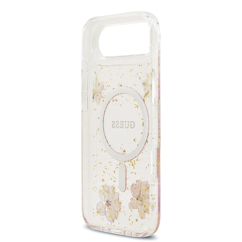 iPhone 17 Air Kılıf Guess Orjinal Lisanslı M-safe Şarj Özellikli Transparan Resin Flowers Kapak