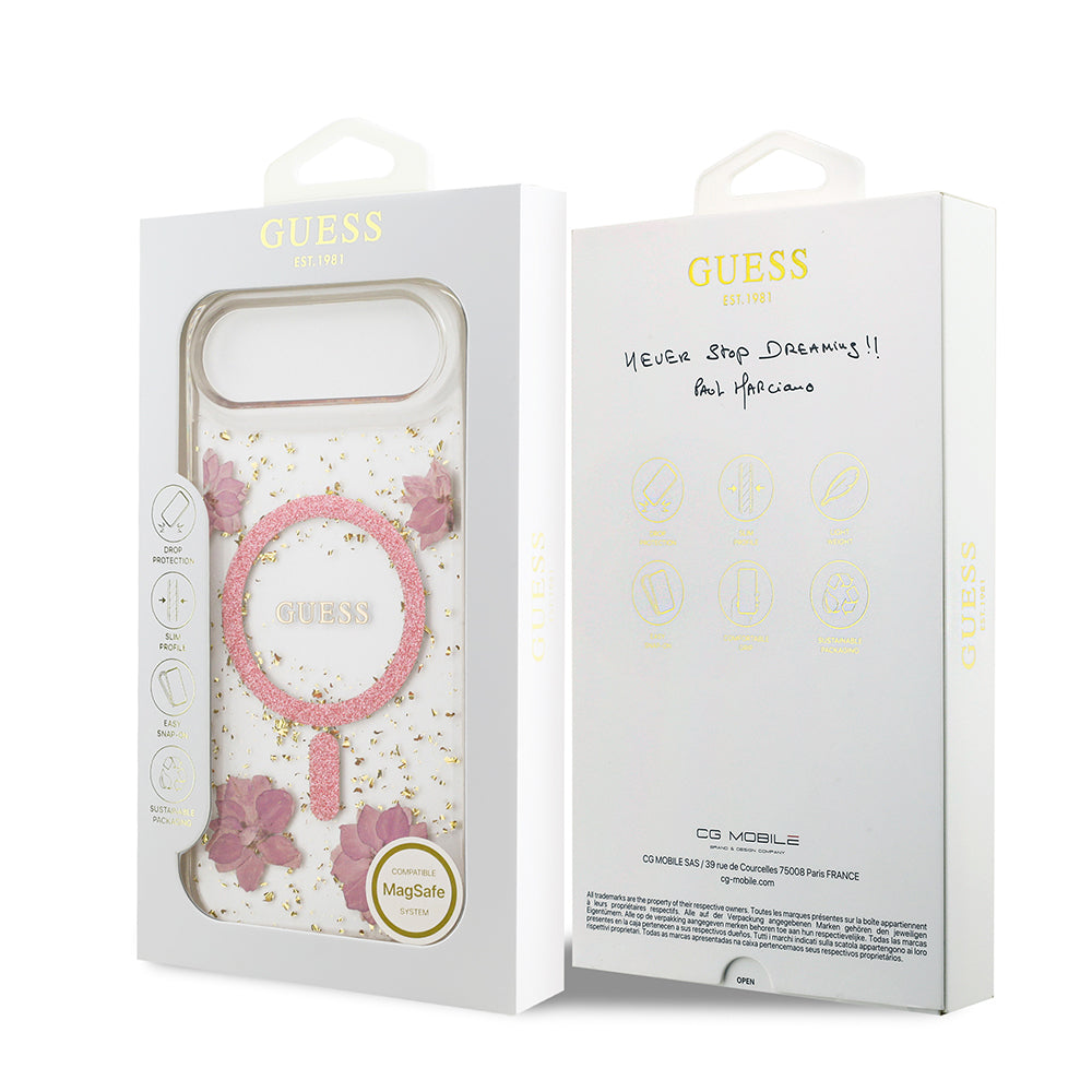iPhone 17 Air Kılıf Guess Orjinal Lisanslı M-safe Şarj Özellikli Transparan Resin Flowers Kapak