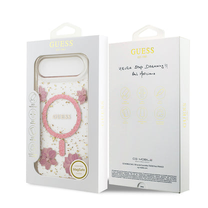 iPhone 17 Air Kılıf Guess Orjinal Lisanslı M-safe Şarj Özellikli Transparan Resin Flowers Kapak