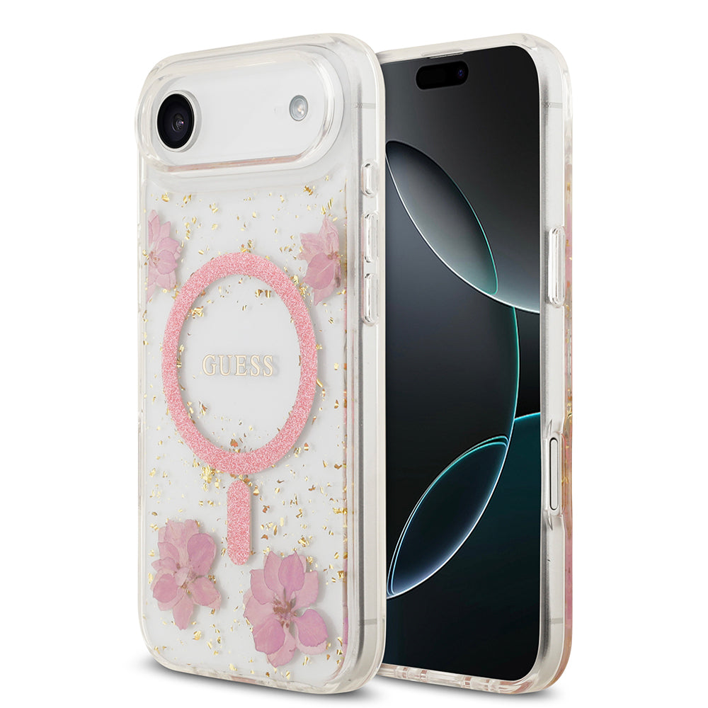 iPhone 17 Air Kılıf Guess Orjinal Lisanslı M-safe Şarj Özellikli Transparan Resin Flowers Kapak
