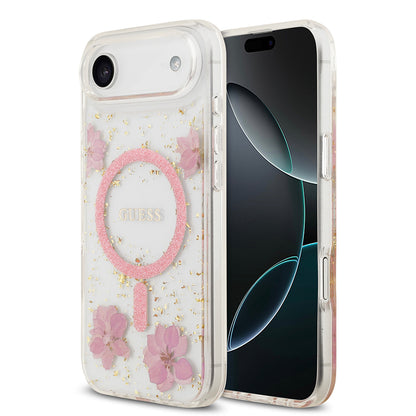 iPhone 17 Air Kılıf Guess Orjinal Lisanslı M-safe Şarj Özellikli Transparan Resin Flowers Kapak