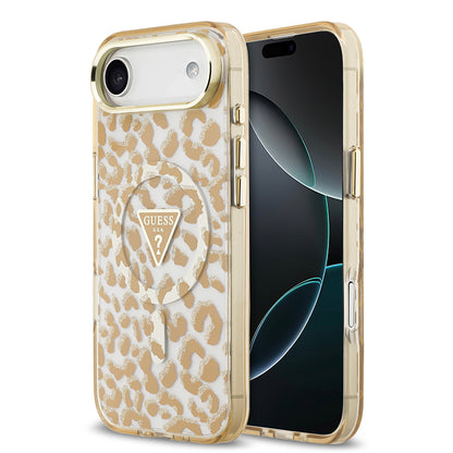 iPhone 17 Air Kılıf Guess Orjinal Lisanslı M-safe Şarj Özellikli Üçgen Logolu Simli Leopar Desenli Kapak