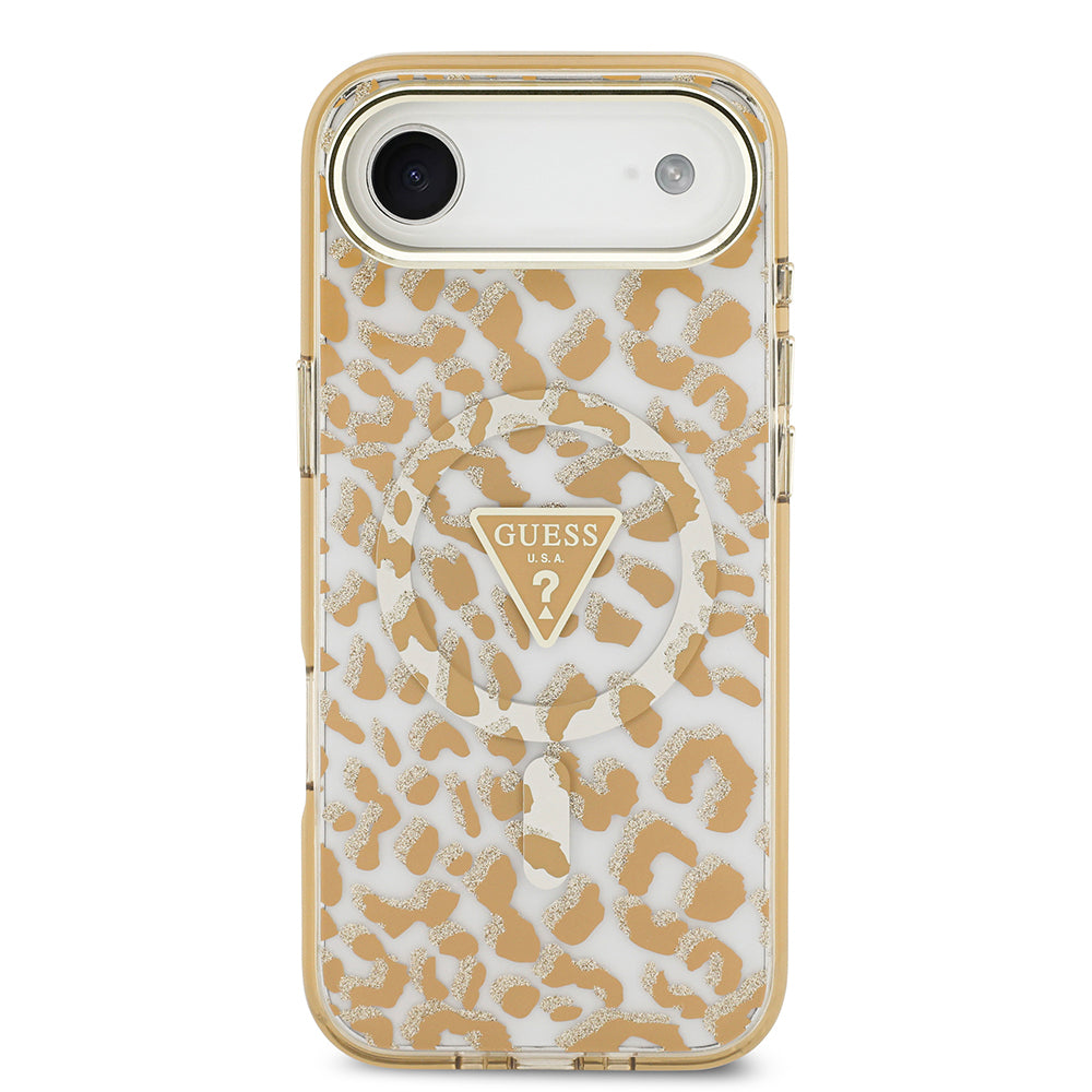 iPhone 17 Air Kılıf Guess Orjinal Lisanslı M-safe Şarj Özellikli Üçgen Logolu Simli Leopar Desenli Kapak