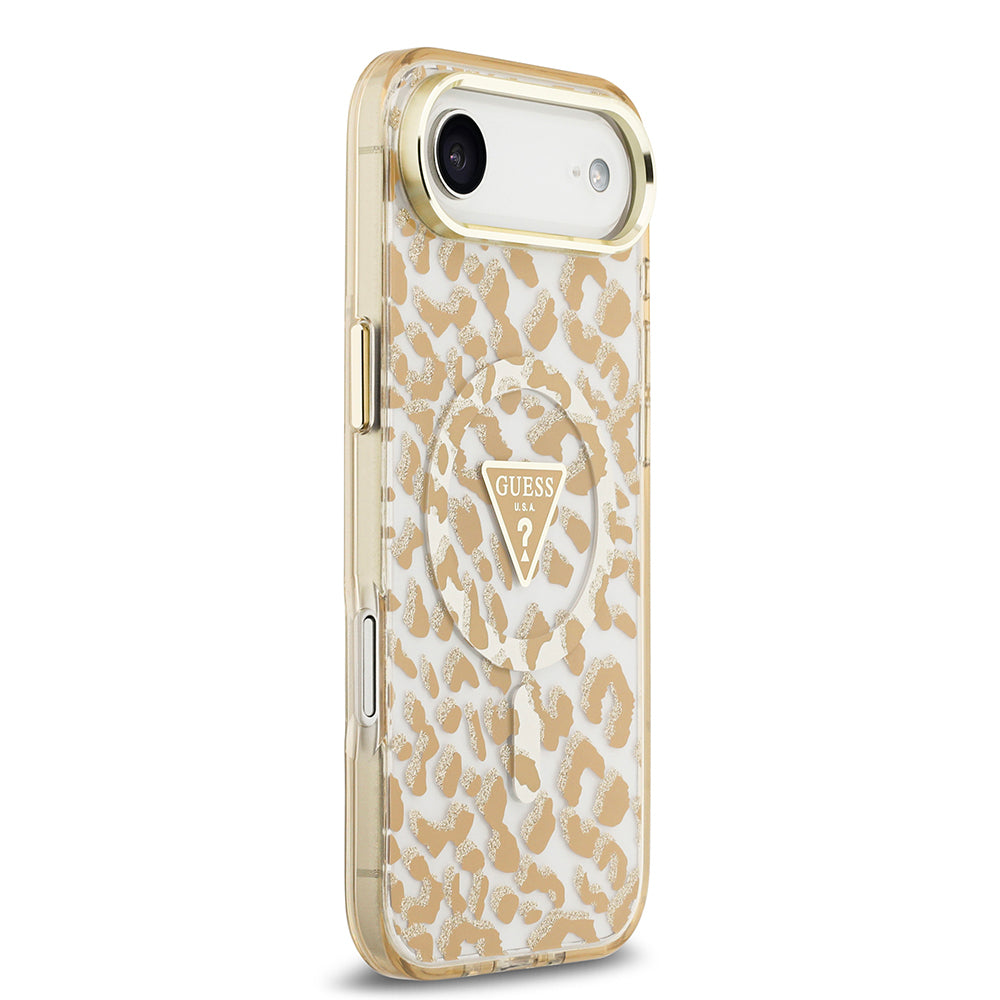 iPhone 17 Air Kılıf Guess Orjinal Lisanslı M-safe Şarj Özellikli Üçgen Logolu Simli Leopar Desenli Kapak