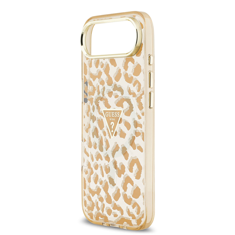 iPhone 17 Air Kılıf Guess Orjinal Lisanslı M-safe Şarj Özellikli Üçgen Logolu Simli Leopar Desenli Kapak