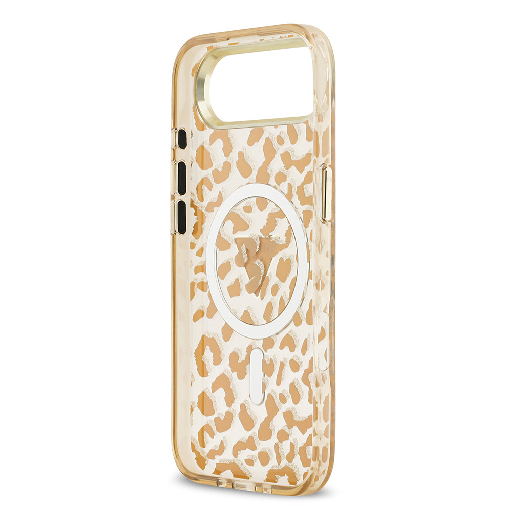 iPhone 17 Air Kılıf Guess Orjinal Lisanslı M-safe Şarj Özellikli Üçgen Logolu Simli Leopar Desenli Kapak
