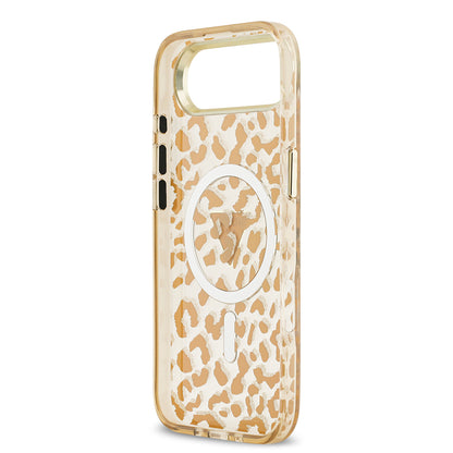 iPhone 17 Air Kılıf Guess Orjinal Lisanslı M-safe Şarj Özellikli Üçgen Logolu Simli Leopar Desenli Kapak