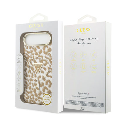iPhone 17 Air Kılıf Guess Orjinal Lisanslı M-safe Şarj Özellikli Üçgen Logolu Simli Leopar Desenli Kapak