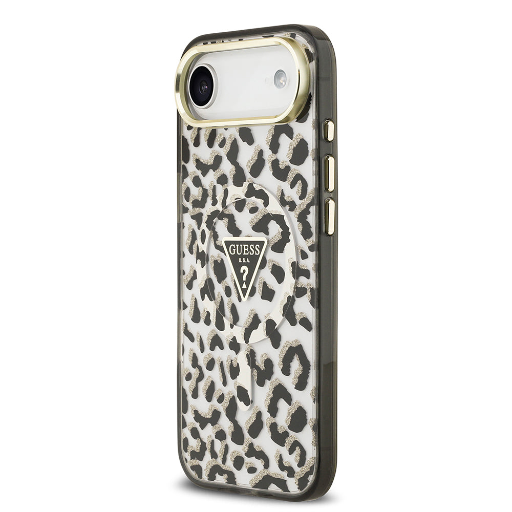 iPhone 17 Air Kılıf Guess Orjinal Lisanslı M-safe Şarj Özellikli Üçgen Logolu Simli Leopar Desenli Kapak