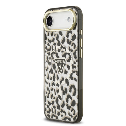 iPhone 17 Air Kılıf Guess Orjinal Lisanslı M-safe Şarj Özellikli Üçgen Logolu Simli Leopar Desenli Kapak
