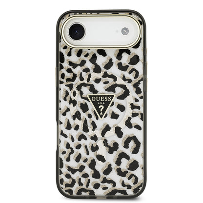 iPhone 17 Air Kılıf Guess Orjinal Lisanslı M-safe Şarj Özellikli Üçgen Logolu Simli Leopar Desenli Kapak