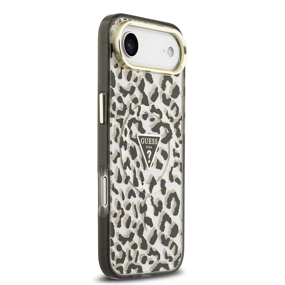 iPhone 17 Air Kılıf Guess Orjinal Lisanslı M-safe Şarj Özellikli Üçgen Logolu Simli Leopar Desenli Kapak