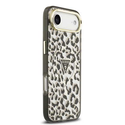 iPhone 17 Air Kılıf Guess Orjinal Lisanslı M-safe Şarj Özellikli Üçgen Logolu Simli Leopar Desenli Kapak