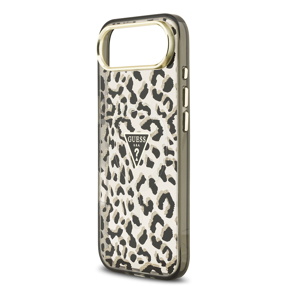 iPhone 17 Air Kılıf Guess Orjinal Lisanslı M-safe Şarj Özellikli Üçgen Logolu Simli Leopar Desenli Kapak