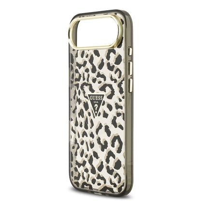 iPhone 17 Air Kılıf Guess Orjinal Lisanslı M-safe Şarj Özellikli Üçgen Logolu Simli Leopar Desenli Kapak