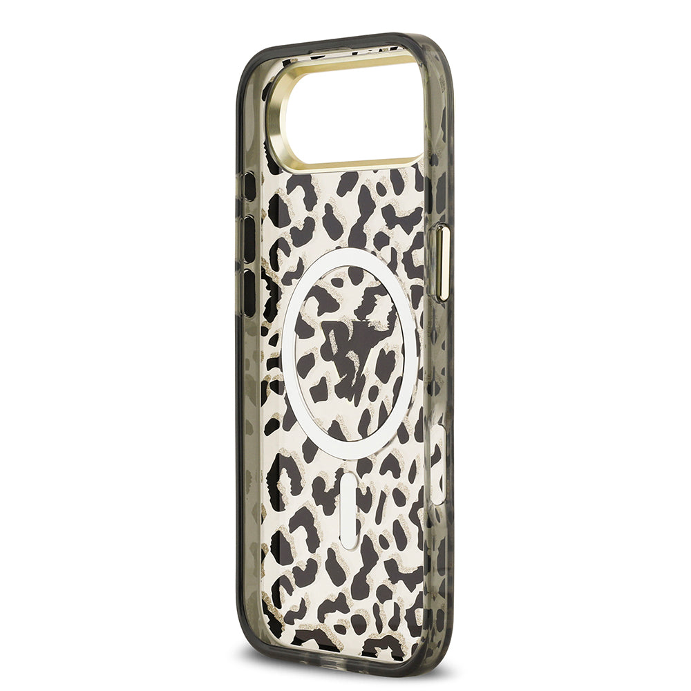 iPhone 17 Air Kılıf Guess Orjinal Lisanslı M-safe Şarj Özellikli Üçgen Logolu Simli Leopar Desenli Kapak