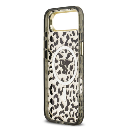 iPhone 17 Air Kılıf Guess Orjinal Lisanslı M-safe Şarj Özellikli Üçgen Logolu Simli Leopar Desenli Kapak