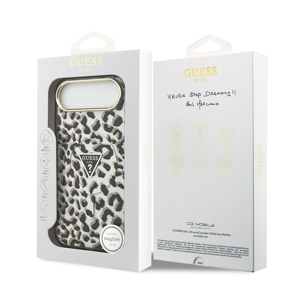 iPhone 17 Air Kılıf Guess Orjinal Lisanslı M-safe Şarj Özellikli Üçgen Logolu Simli Leopar Desenli Kapak