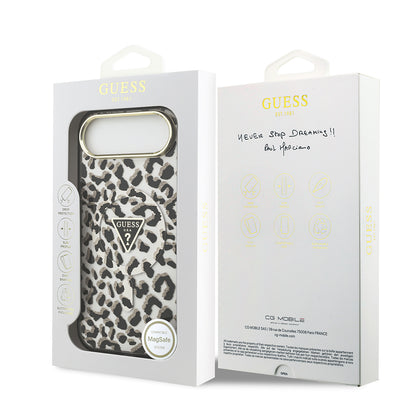 iPhone 17 Air Kılıf Guess Orjinal Lisanslı M-safe Şarj Özellikli Üçgen Logolu Simli Leopar Desenli Kapak