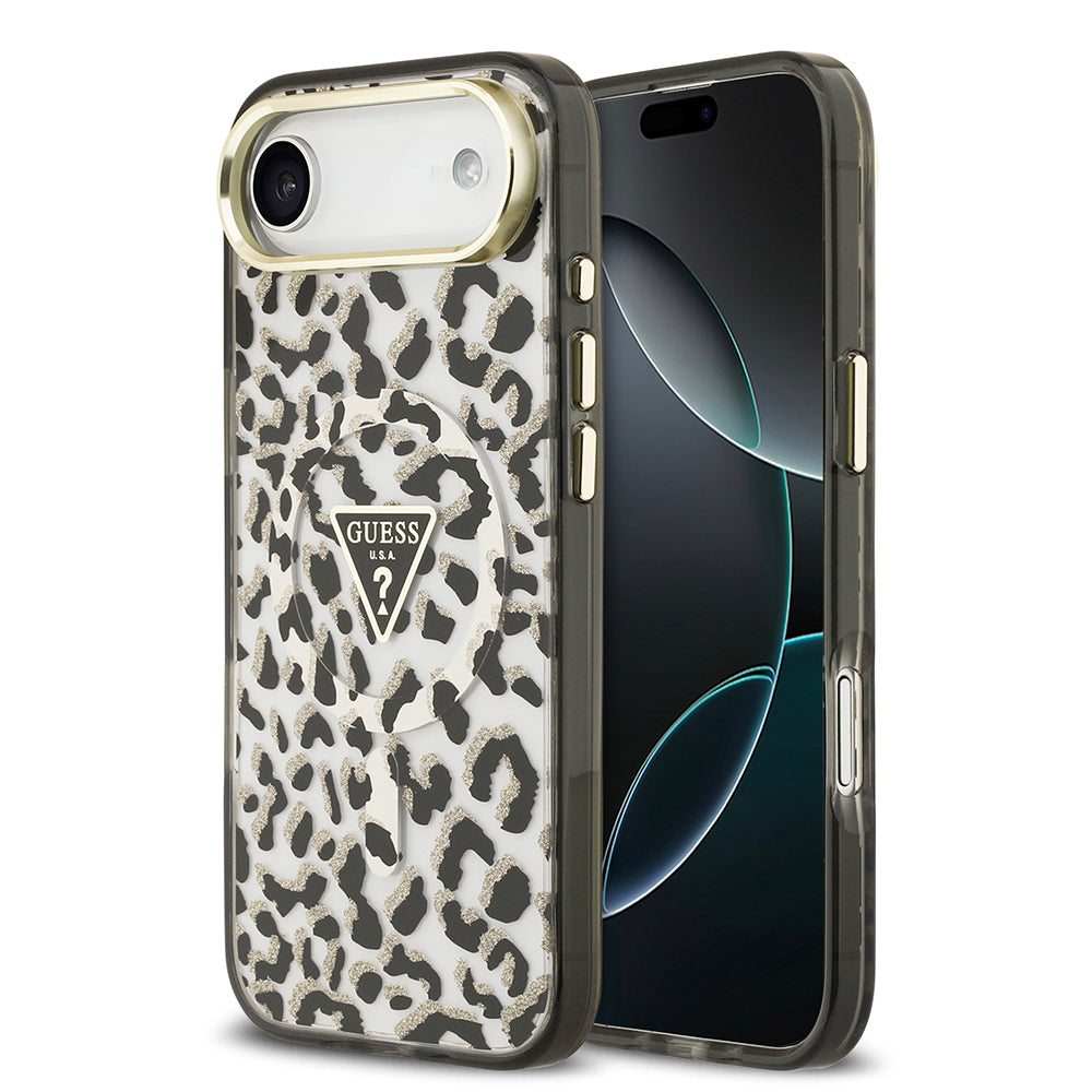 iPhone 17 Air Kılıf Guess Orjinal Lisanslı M-safe Şarj Özellikli Üçgen Logolu Simli Leopar Desenli Kapak