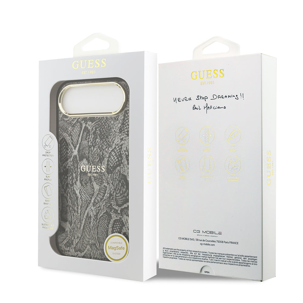 iPhone 17 Air Kılıf Guess Orjinal Lisanslı M-safe Şarj Özellikli Yazı Logolu Python Desenli Kapak