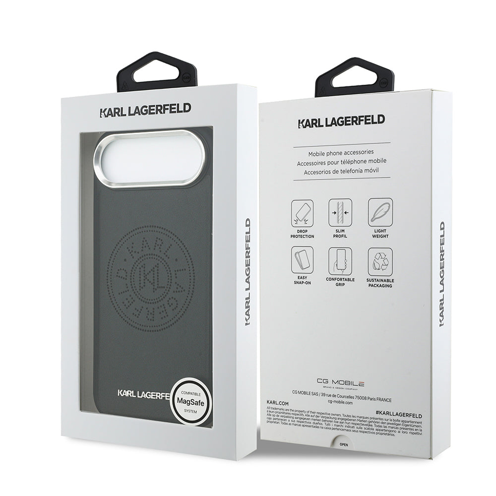iPhone 17 Air Kılıf Karl Lagerfeld Orjinal Lisanslı M-safe Şarj Özellikli Delikli Tasarım Metal Logolu PU Deri Kapak