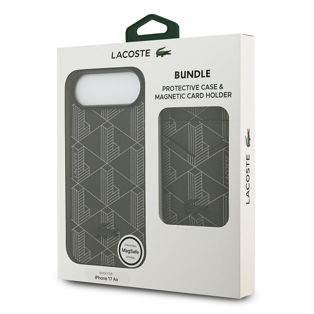 iPhone 17 Air Kılıf Lacoste Orjinal Lisanslı M-safe Şarj Özellikli PU Deri Tasarımlı Kartlıklı Karışık Monogram Desenli Kapak