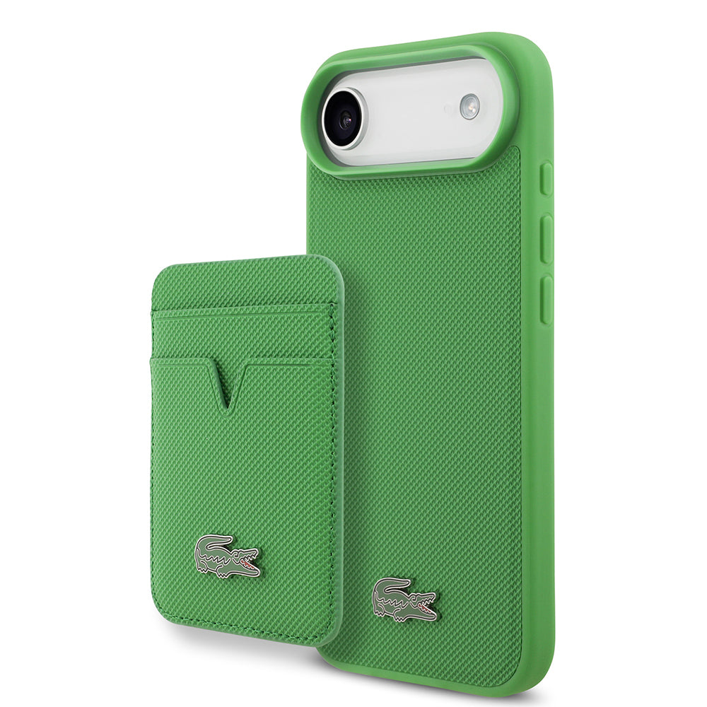 iPhone 17 Air Kılıf Lacoste Orjinal Lisanslı M-safe Şarj Özellikli PU Pike Desenli Metal Logolu Kartlıklı Kapak