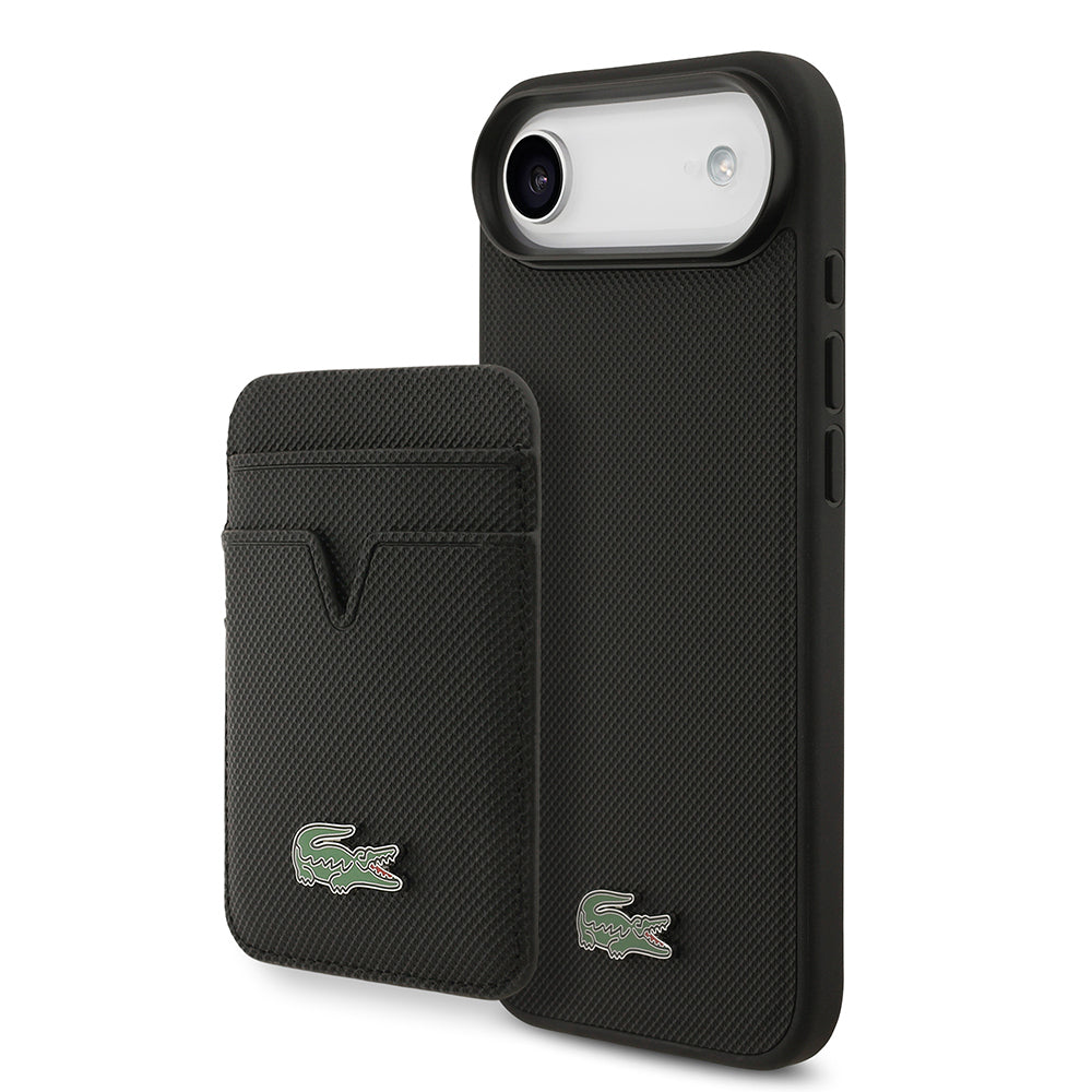 iPhone 17 Air Kılıf Lacoste Orjinal Lisanslı M-safe Şarj Özellikli PU Pike Desenli Metal Logolu Kartlıklı Kapak