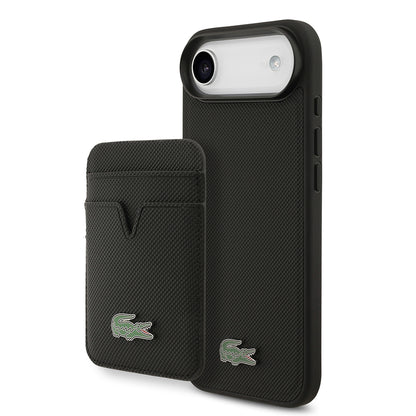 iPhone 17 Air Kılıf Lacoste Orjinal Lisanslı M-safe Şarj Özellikli PU Pike Desenli Metal Logolu Kartlıklı Kapak