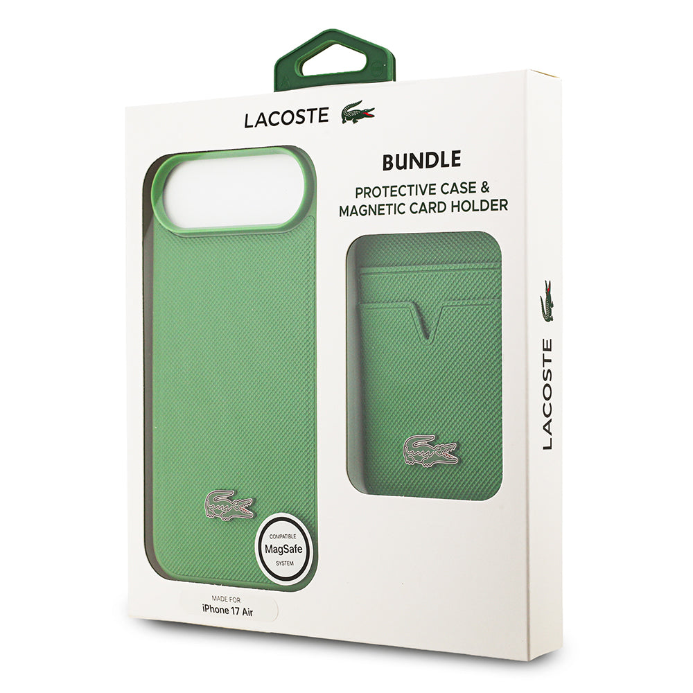 iPhone 17 Air Kılıf Lacoste Orjinal Lisanslı M-safe Şarj Özellikli PU Pike Desenli Metal Logolu Kartlıklı Kapak