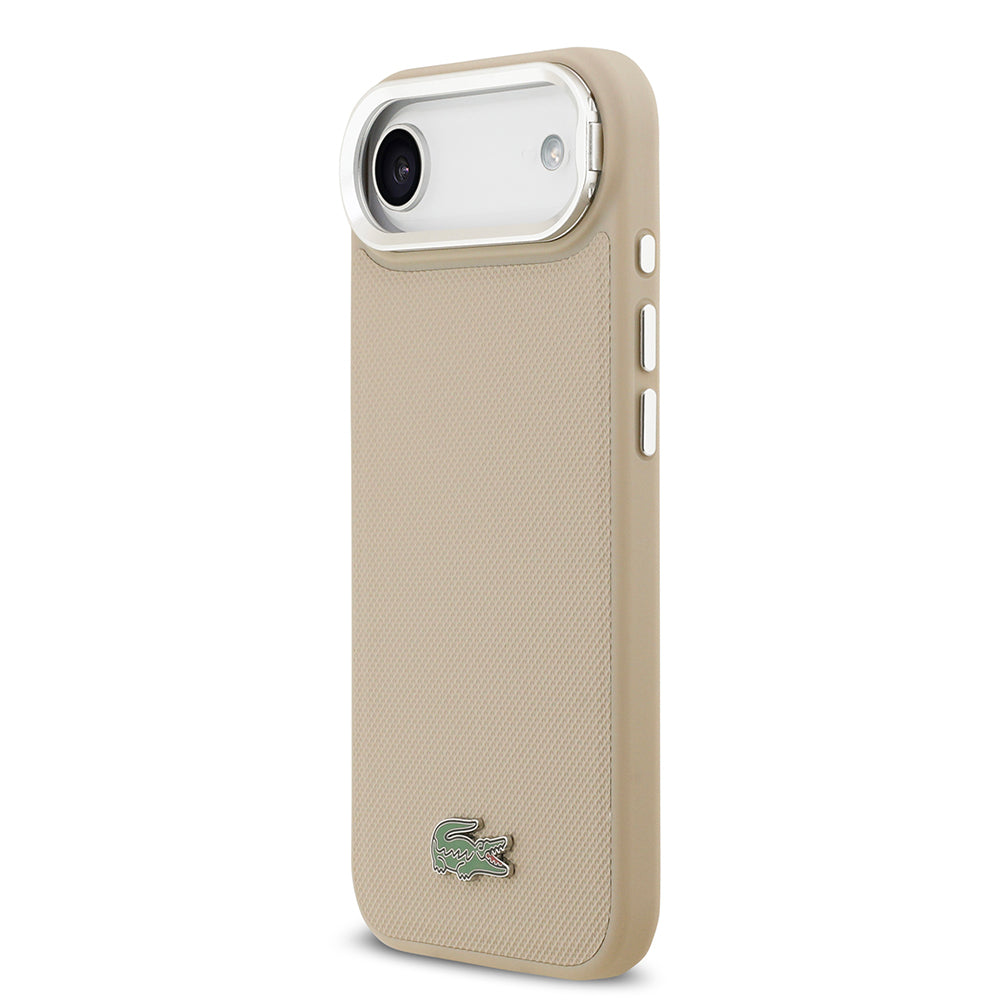 iPhone 17 Air Kılıf Lacoste Orjinal Lisanslı M-safe Şarj Özellikli PU Pike Desenli Standlı Metal Logolu Kapak