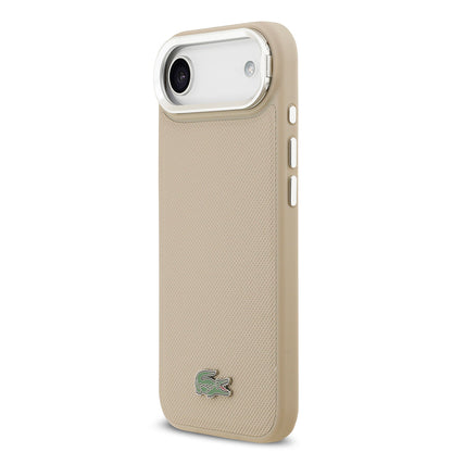 iPhone 17 Air Kılıf Lacoste Orjinal Lisanslı M-safe Şarj Özellikli PU Pike Desenli Standlı Metal Logolu Kapak