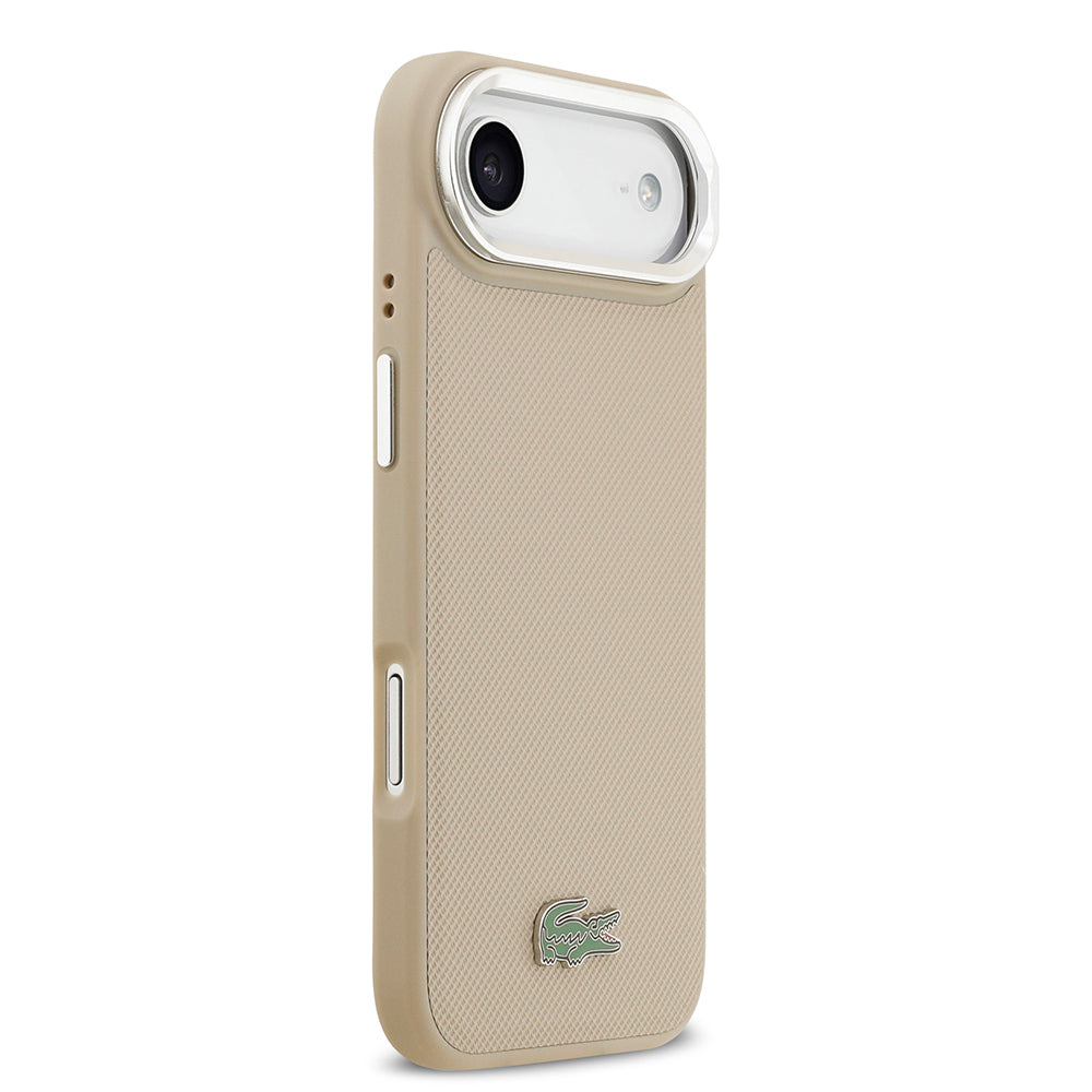 iPhone 17 Air Kılıf Lacoste Orjinal Lisanslı M-safe Şarj Özellikli PU Pike Desenli Standlı Metal Logolu Kapak