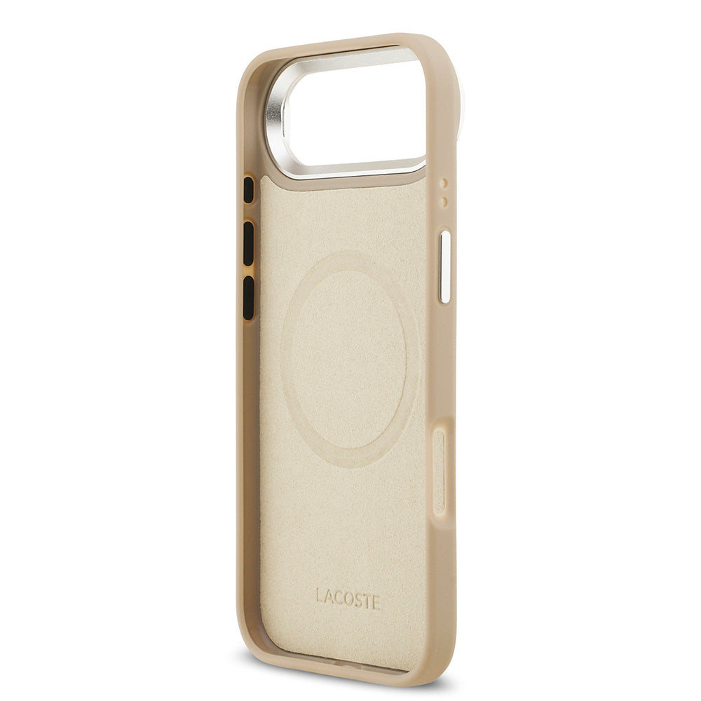 iPhone 17 Air Kılıf Lacoste Orjinal Lisanslı M-safe Şarj Özellikli PU Pike Desenli Standlı Metal Logolu Kapak