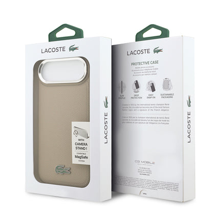 iPhone 17 Air Kılıf Lacoste Orjinal Lisanslı M-safe Şarj Özellikli PU Pike Desenli Standlı Metal Logolu Kapak