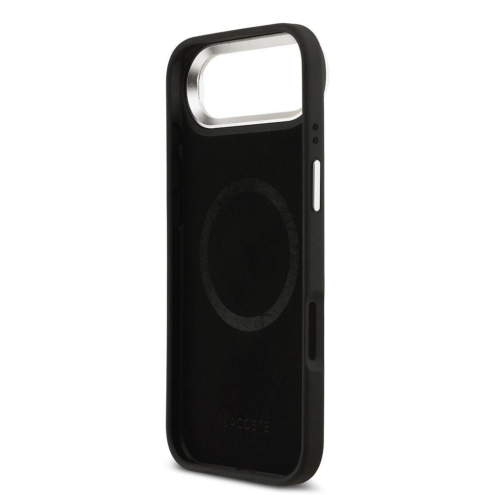 iPhone 17 Air Kılıf Lacoste Orjinal Lisanslı M-safe Şarj Özellikli PU Pike Desenli Standlı Metal Logolu Kapak