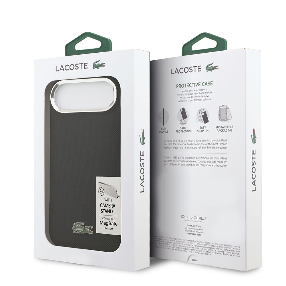 iPhone 17 Air Kılıf Lacoste Orjinal Lisanslı M-safe Şarj Özellikli PU Pike Desenli Standlı Metal Logolu Kapak