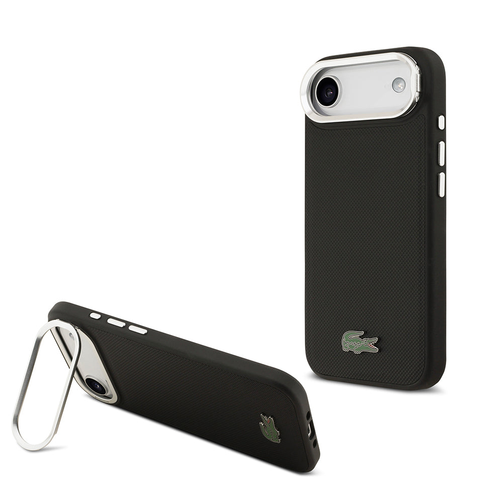 iPhone 17 Air Kılıf Lacoste Orjinal Lisanslı M-safe Şarj Özellikli PU Pike Desenli Standlı Metal Logolu Kapak