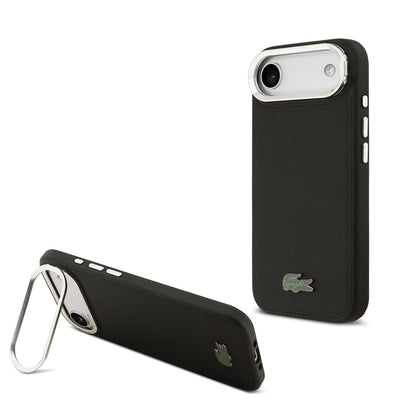 iPhone 17 Air Kılıf Lacoste Orjinal Lisanslı M-safe Şarj Özellikli PU Pike Desenli Standlı Metal Logolu Kapak