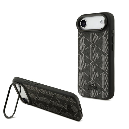 iPhone 17 Air Kılıf Lacoste Orjinal Lisanslı M-safe Şarj Özellikli Standlı PU Deri Karışık Monogram Desenli Kapak