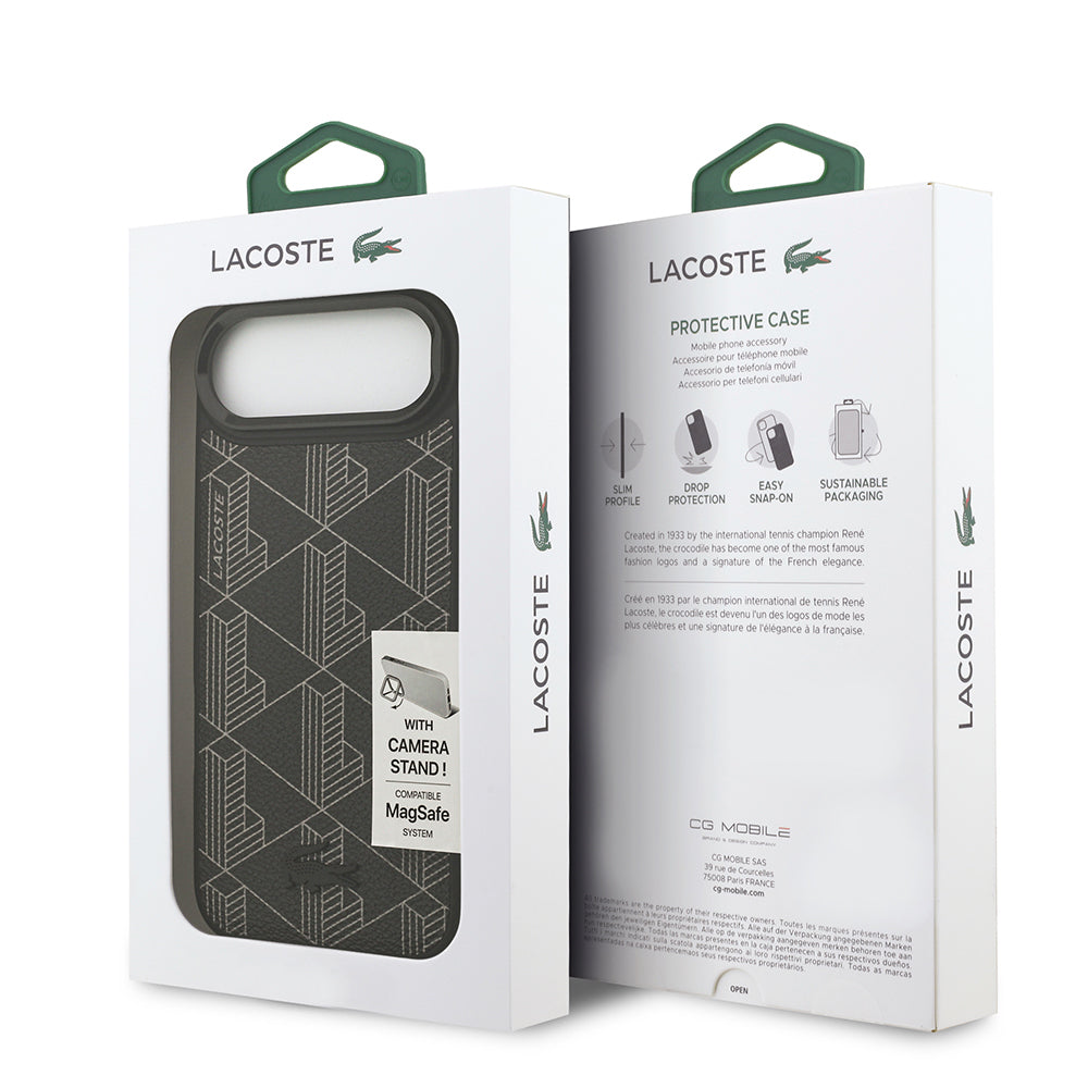 iPhone 17 Air Kılıf Lacoste Orjinal Lisanslı M-safe Şarj Özellikli Standlı PU Deri Karışık Monogram Desenli Kapak